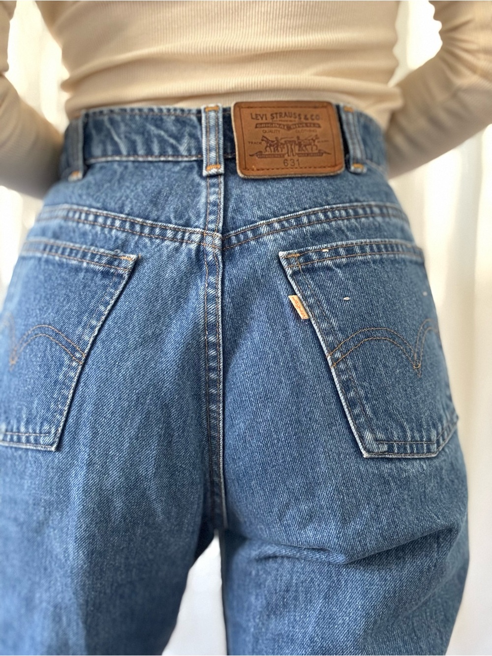 Vintage Levi’s 631 white tab extra long 90s raw hem ultra high rise great blue
